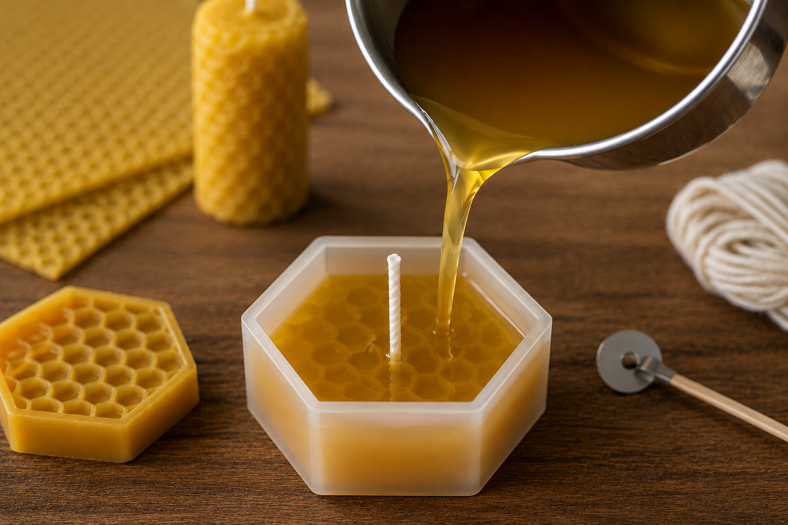Usi della cera d’api: colatura in uno stampo esagonale per realizzare una candela