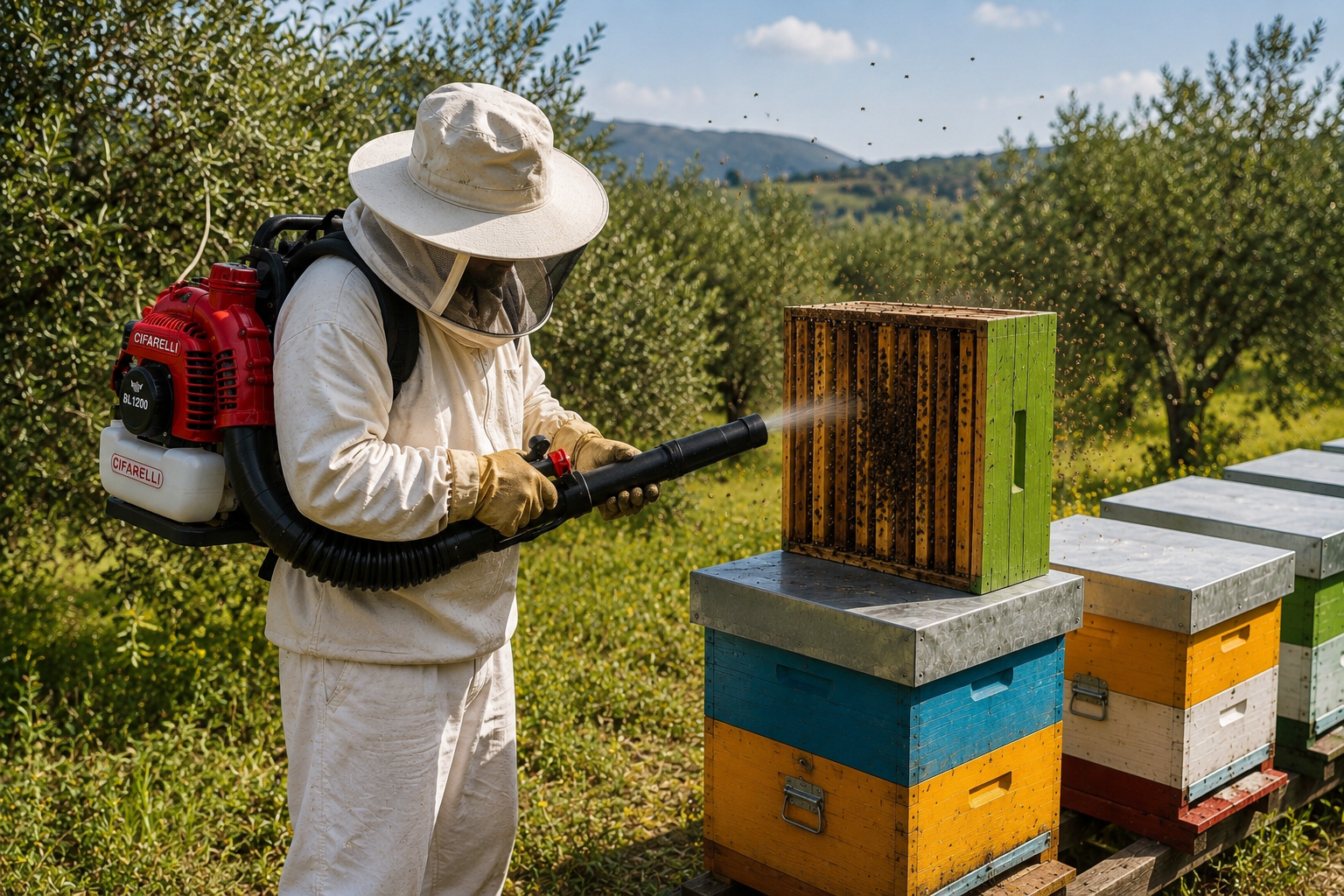 Apicoltore che libera dalle api un melario con soffiatore durante la raccolta dei melari in apiario