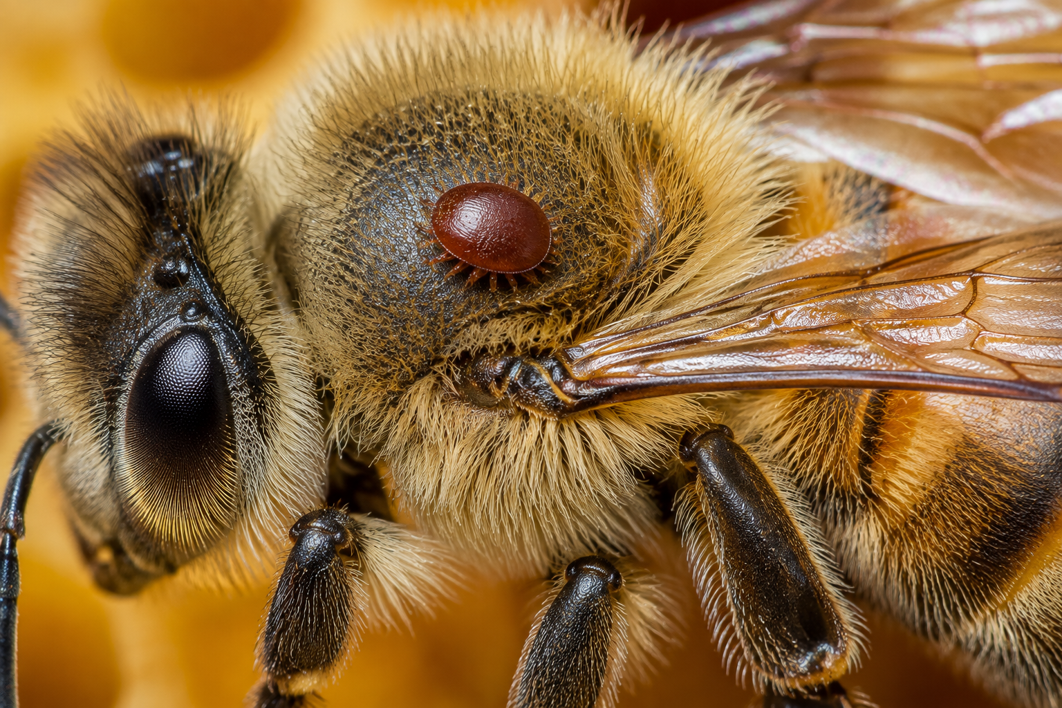 Varroa delle api: acaro Varroa destructor su un’ape adulta